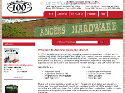 Anders Hardware is a company in Alabama that came to us with some unique needs.  They wanted to use a system that would allow them to sell their products online but weren't sure how to integrate it or how to be found by search engines.  We helped them get it all together, and the site is now maintained jointly.