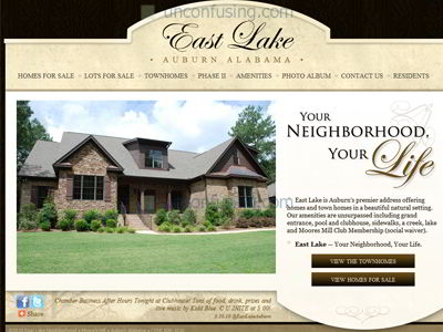 East Lake Auburn is Auburn's premier new subdivision and neighborhood.  They have beautiful homes, spacious lots, and a ton of amenities. Trust us, this place is very nice!

They came to us wanting to update their website, so we totally revamped it, plugged it in to Facebook and Twitter, and even helped them set up a kiosk to show it off at a grand-opening party.  We even broadcast the party live via webcam over the internet to others tuning in to their website!