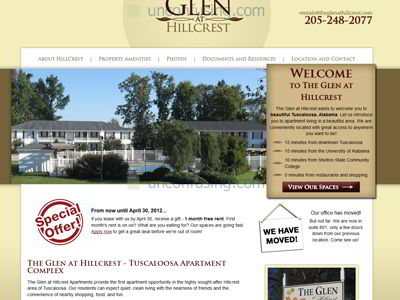 The Glen at Hillcrest Apartments are in Tuscaloosa, Alabama.  After changing managment and wanting to refocus and re-vamp online advertising, they approached Unconfusing about building a website and helping them market the site online.  We obliged and came up with a sleek new website that provides both potential tenants and residents with information about the apartments.  We also helped them organize some of their extraneous content that had been developed by others in the past.