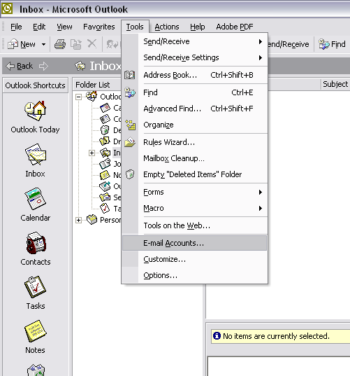 outlook 2003 email setup step 1 and 2